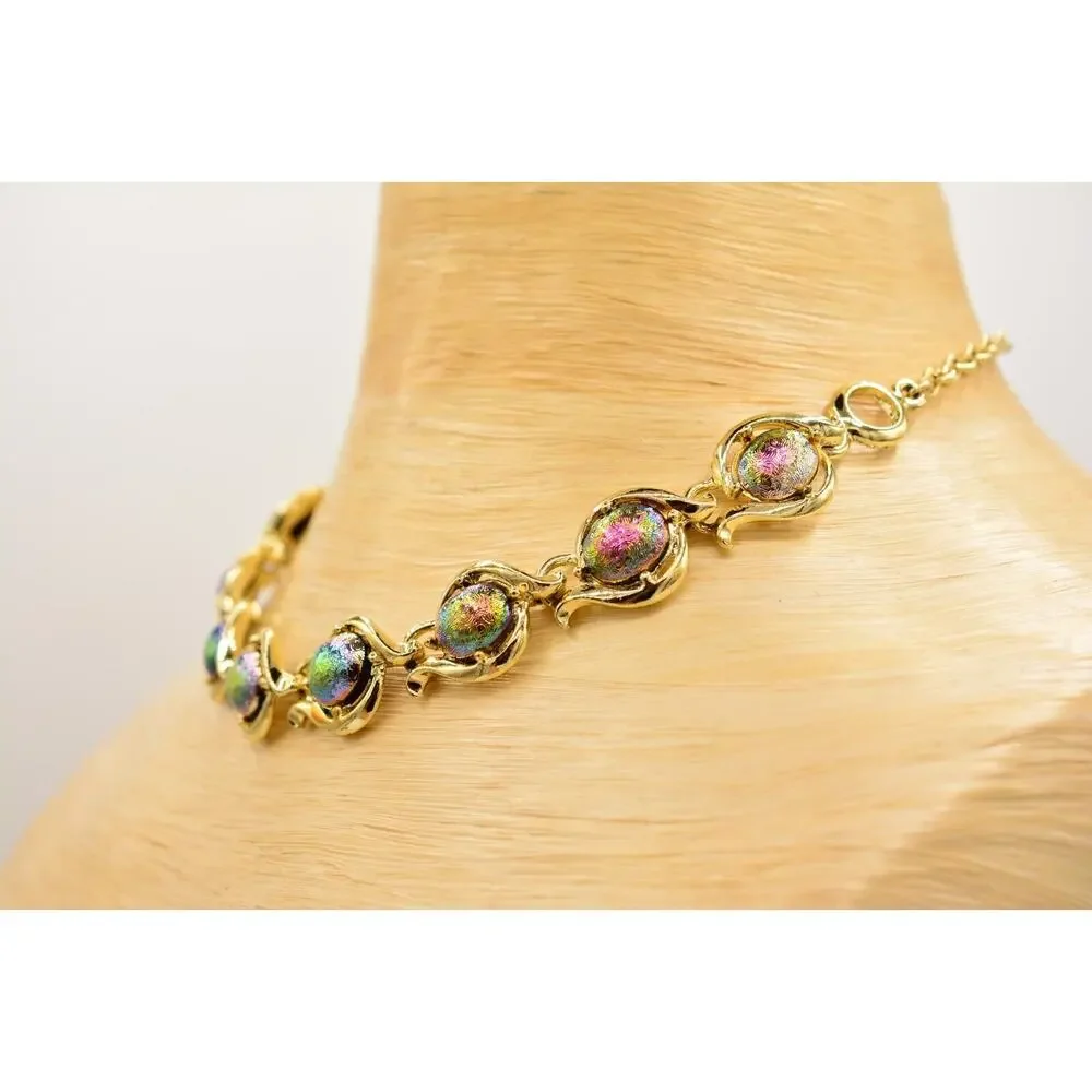 Vintage Collar Choker Necklace Lucite Watermelon Chrome Gold Linked 1970s BinA